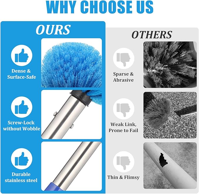 Cobweb Duster with Extension Pole, 8 FT Long Duster for High Ceilings, Walls, Medium Stiff Bristles Cobweb Brush with Lightweight Stainless Steel Pole for Outdoor Indoor Cleaning