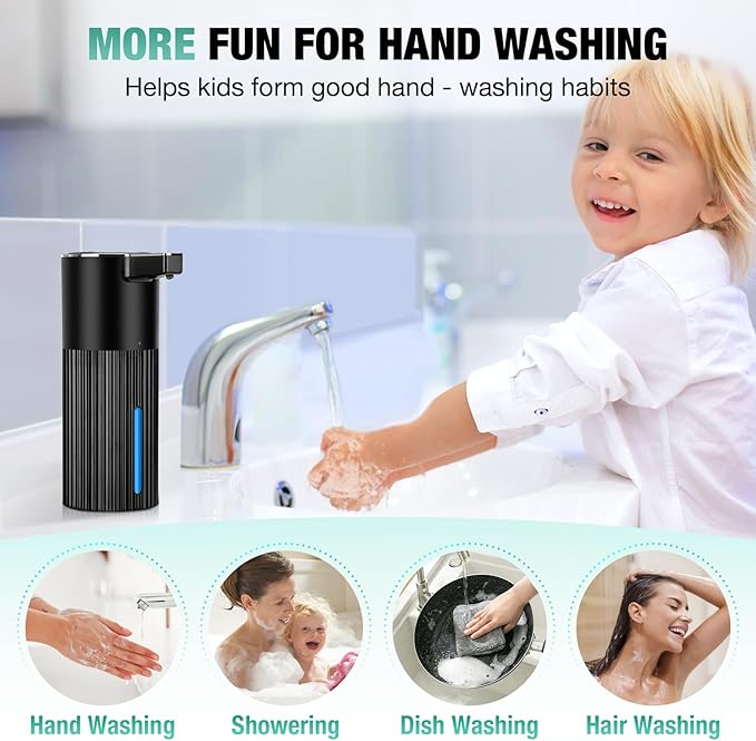 Automatic Soap Dispenser Foaming Touchless: 14oz Plastic - 4 Level Adjustable Wall Mount Foam Rechargeable Electric Auto Smart Black Soap Dispenser - Bathroom Kitchen Hand Dish Lotion