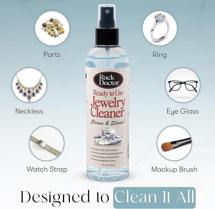 Rock Doctor Jewelry Cleaner Spray – Gentle Solution for Diamonds, Gold, Silver, Pearls, & Precious Stones – Restores Sparkle & Shine – 8 oz
