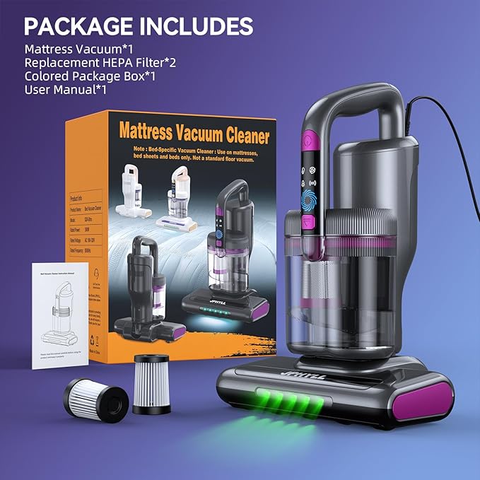 Mattress Vacuum Cleaner, 20Kpa Suction Bed Vacuum Cleaner with 253.7nm UV-C Light, 140°F Heated Air, 30000 RPM Brushroll, 40,000Hz Ultrasonic, HEPA Filter, for Bed, Sofa, 500W Corded(Dark Gray)