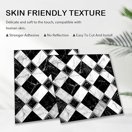 Nuxovilar Peel and Stick Vinyl Floor Tiles, 11.8"x11.8" Black & White Marble Diamond Pattern, 10-Pack Self-Adhesive Flooring