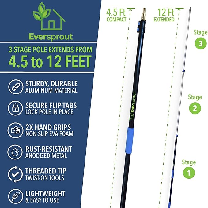 EVERSPROUT 5-to-12 Ft Car Brush with Rubber Bumper, Lightweight Extension Pole Handle, Soft Bristles Car Wash Brush, RV Wash Brush, Truck Wash Brush, Boat Brush, Solar Panel Cleaning Brush and Pole