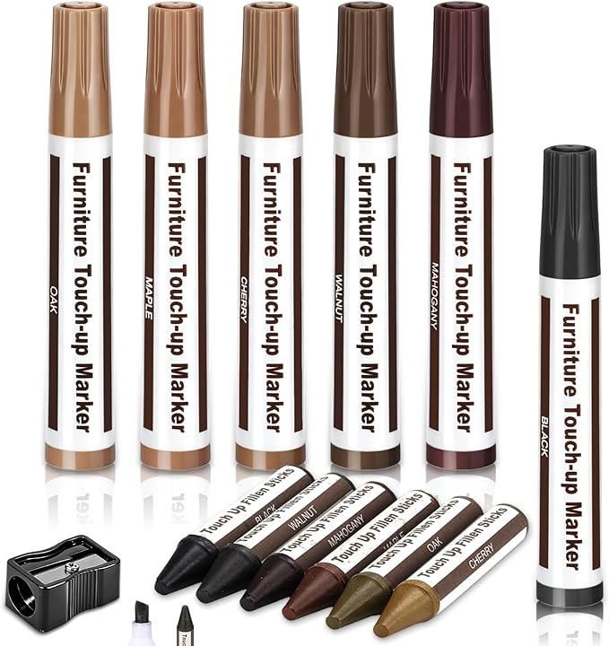 Furniture Repair Kit Wood Markers, 13 Pcs Marker Set and Wax Sticks with Sharpener, 6 Colors Furniture Markers Touch Up for Scratches Stains Holes Bedposts Floors Tables Cabinets Desks