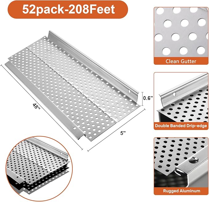 5 inch Gutter Guard, 52 Pack-208ft, Aluminum Mesh Leaf Guards, DIY Leaf Filter Gutter Protection Cover, Raptor Gutter Guard Cleaning Tools for Downspout, Roof, with Screws