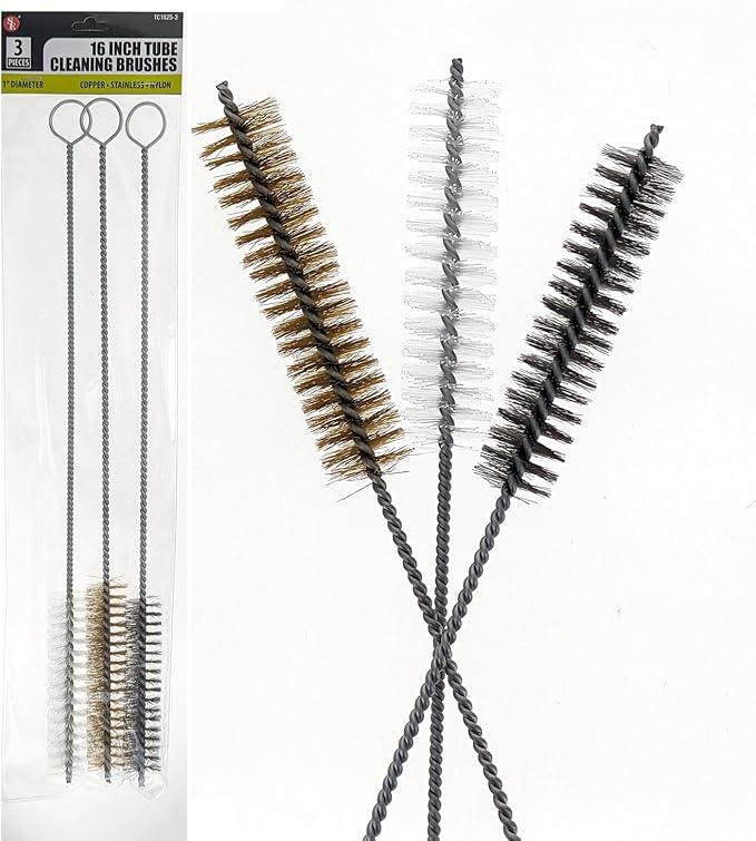3 Piece Set of 16-Inch Tube Cleaning Brushes Copper, Stainless, Nylon for Various Surface Use (1-Inch Diameter)