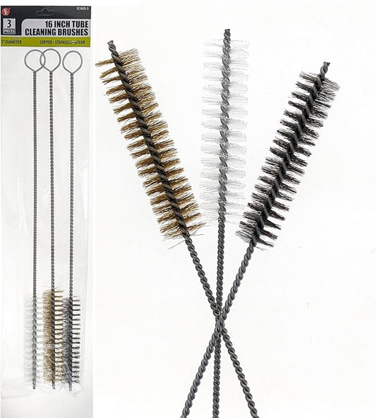 3 Piece Set of 16-Inch Tube Cleaning Brushes Copper, Stainless, Nylon for Various Surface Use (1-Inch Diameter)