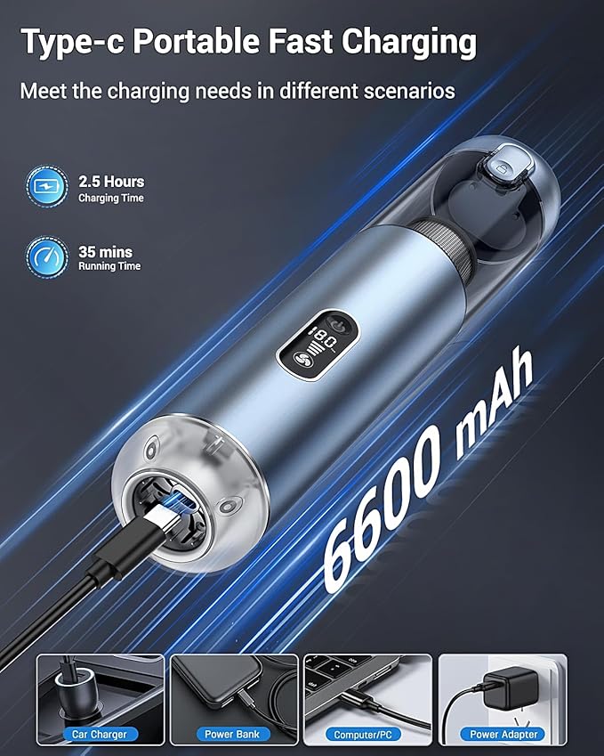 Handheld Vacuum Cordless, Powerful 18Kpa Car Vacuum with Brushless Motor, Portable Hand Held Vacuum with 3 Speed Modes, 5- in-1 Mini Vacuum Cleaner with White LED & Red Flash for home/Car/Office