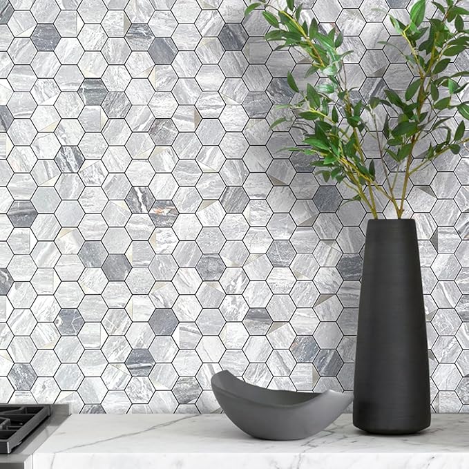 DICOFUN 10-Sheet Hexagon Tile Peel and Stick Backsplash, Grey Marble Look PVC Mixed Silver Metal Mosaic Tiles for Kitchen and Bathroom
