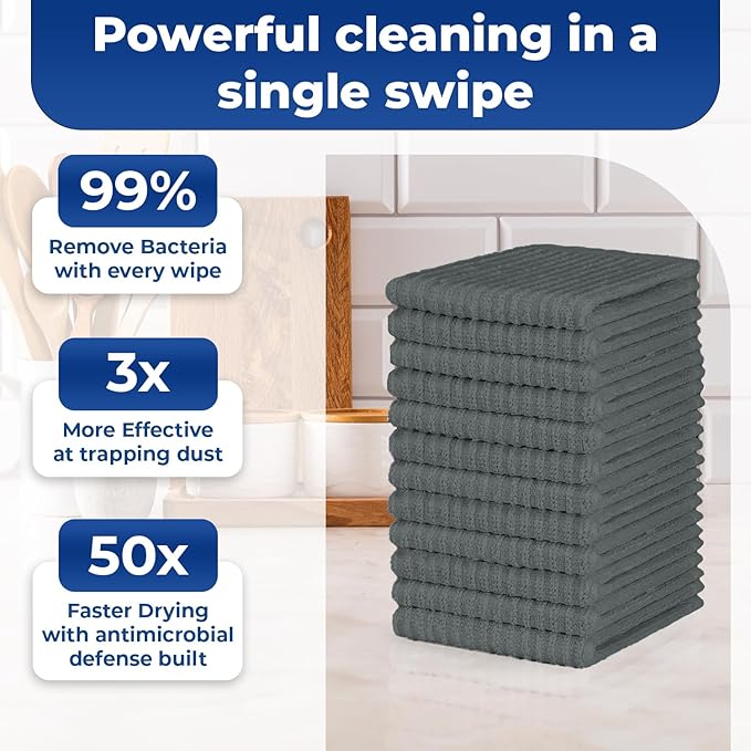 DAN RIVER Kitchen Bar Mops,Pack of 12,16 by 19 Inches,100% Cotton Super Absorbent,Multi-Purpose Cleaning Towels for Home and Kitchen Bars-Grey