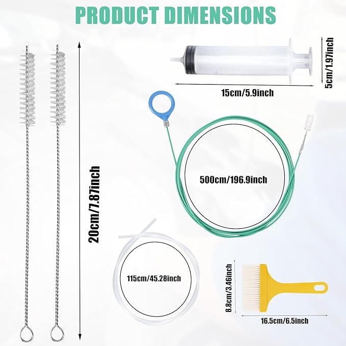 6pcs Car Auto Sunroof Drain Cleaning Tool Kit, Round Handle 5m/196.85in Long Soft Pipe Cleaner Brush Unclogger with Syringe & Hose for Car Wiper Sun Roof Trunk Drains Hole