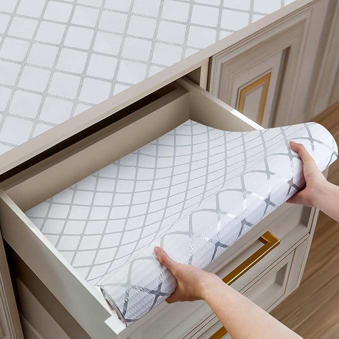 Shelf and Drawer Liner for Kitchen Cabinets Non-Adhesive, Strong Grip Non-Slip Thickened Cabinet Liners for Shelves, Waterproof Mats for Dresser Cupboard, Silver Stripe, 17 in x 20 Feet