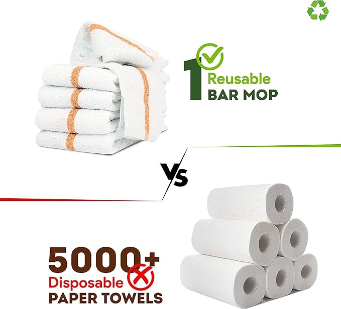 Bar Mops Gold Stripe Pack of 24 Kitchen Towels 16x19 Multi-Purpose for Home, Restaurant and Cleaning White Absorbent Washcloth Dishcloths Sets, Reusable Dish, Cloths Rags