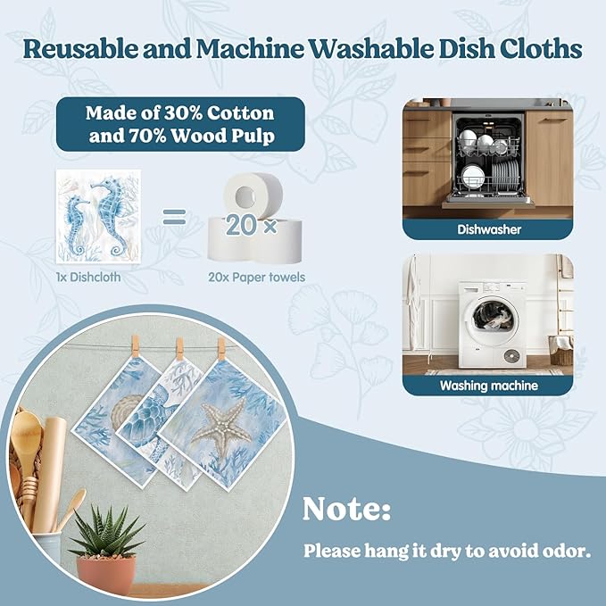 Swedish Dishcloths for Kitchen, Summer Ocean Coastal Beach Decor Kitchen Dish Towels for Washing Dishes, 4 Pack Reusable Paper Towels Washable, Sponge Cloths for Home Cleaning Baking Cooking