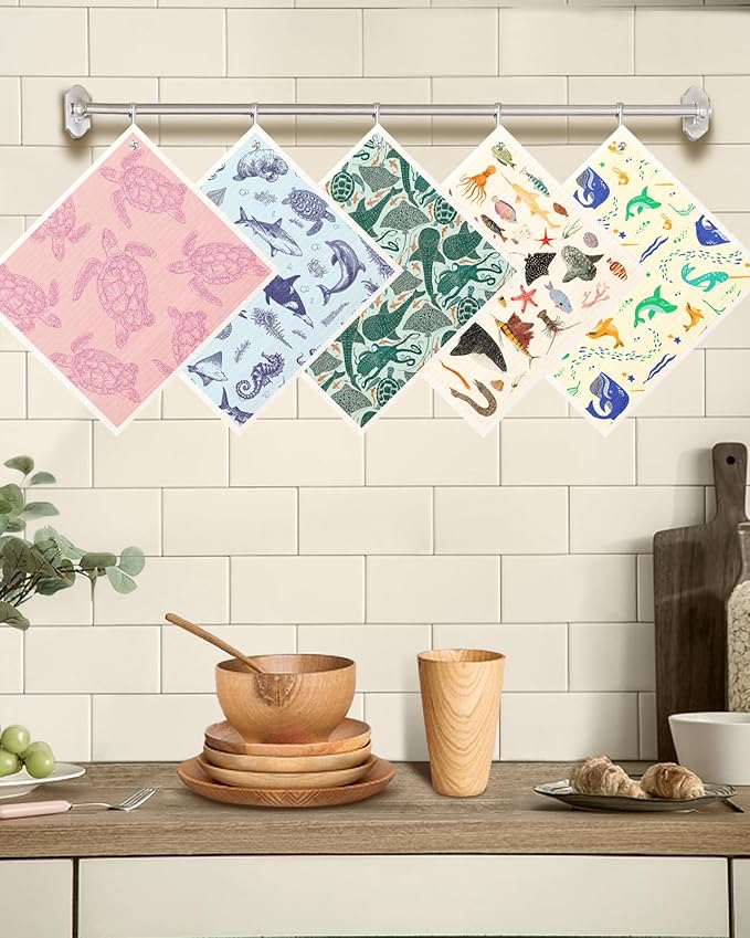 Swedish Dishcloths for Kitchen with Hooks - Reusable Dish Cloths for Washing Dishes Fast Drying Cute Fun 5 Pack Swedish Dish Towels Washable Cleaning Sponge, Deep Sea Fish