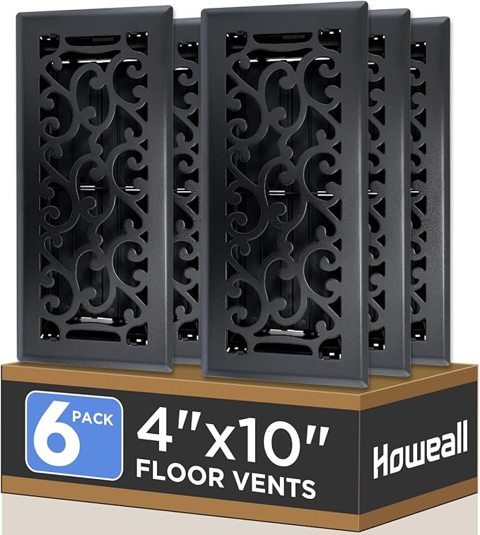 4x10 Inches 6 Pack Heavy Duty Walkable Floor Register - Easy Adjust Air Supply Lever Decorative Floor Vent Covers, Savannah Design Vent Covers for Home - Matte Black