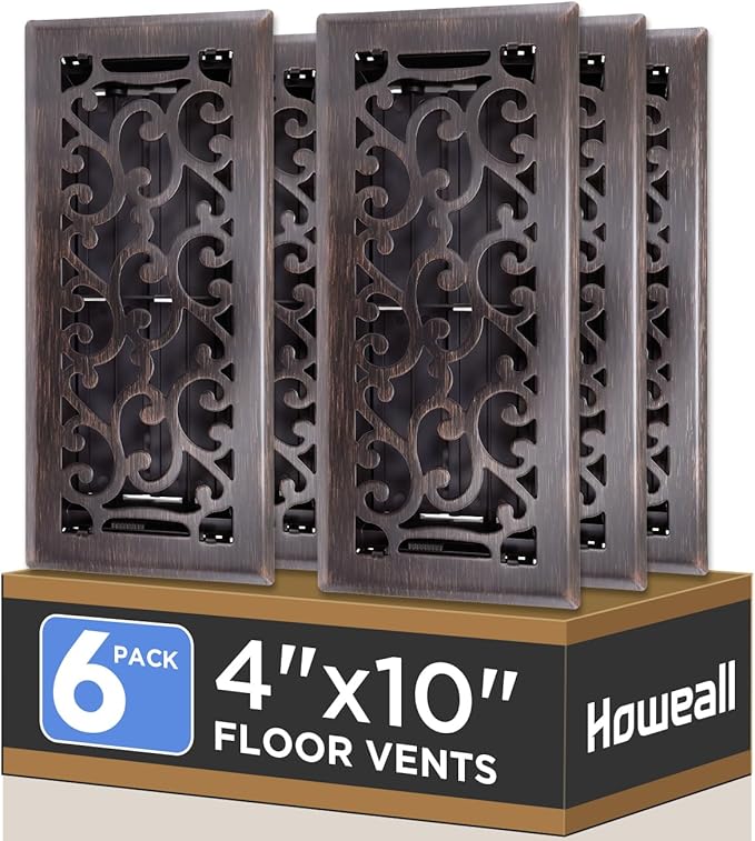 4x10 Inches 6 Pack Heavy Duty Walkable Floor Register - Easy Adjust Air Supply Lever Decorative Floor Vent Covers, Savannah Design Vent Covers for Home - Oil Rubbed Bronze