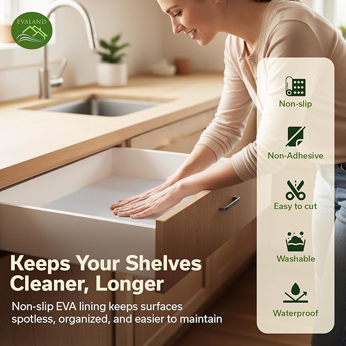 EVALAND Shelf Liners for Kitchen Cabinets Non-Adhesive 23.6" x 20 FT Clear Drawer Liner Non Slip, Washable Cabinet Liner, Waterproof Shelf Liners for Cabinets, Refrigerator Bathroom Pantry Cabinet Mat