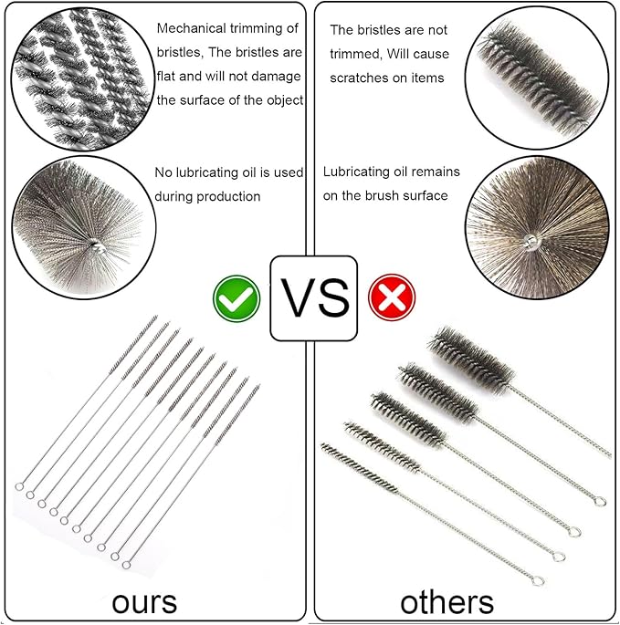12 Inch Pipe Cleaning Brush Set with Stainless Steel Bristles, Steel Wire Tube Brush Kit for Auto Parts Polishing, Machining, Bottles, Tubes, Etc.（10mm-2pcs）