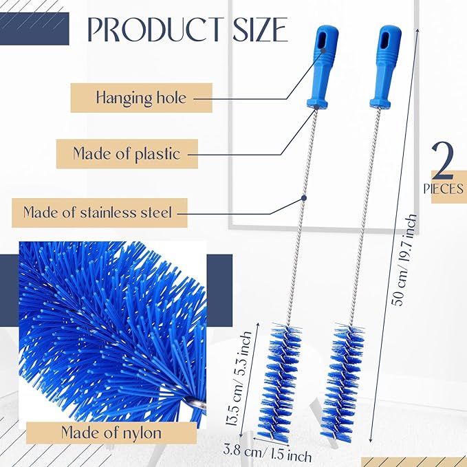 Baderke 2 Pieces Drain Brush Pipe Cleaning Blue Tube Brushes 19.7 Inch Plastic Shower Pipe Flexible Cleaning Tool(19.7 x 1.5 Inch)