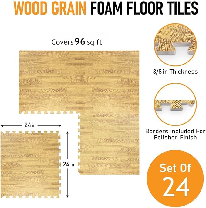 HomeCube USA 3/8 Inch Thick Interlocking Wood Grain Foam Floor Tiles for Home, Office, Workout Equipment Space, Commercial Areas, Anti-Fatigue Flooring Padding 24x24 in, Medium Oak, 96 SQ Ft -24 Tiles