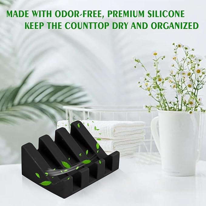 Self Draining Soap Dish Holder,Silicone Soap Dish,for Bathroom,Kitchen, Sponges，Can Extend Soap Life，Keep Soap Bars Dry and Easy Cleaning (Black,2-Pack)