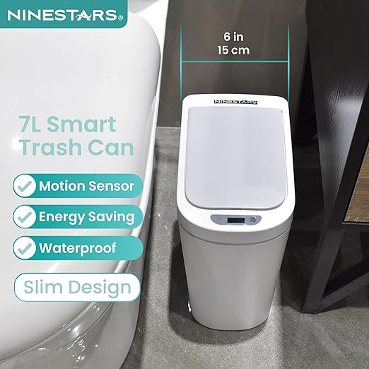 Ninestars Automatic Motion Sensor Bathroom Trash Can, 1.8 Gallon Smart Opening Garbage Bin for Bathroom, Bedroom, Kitchen, Office 2 Pack