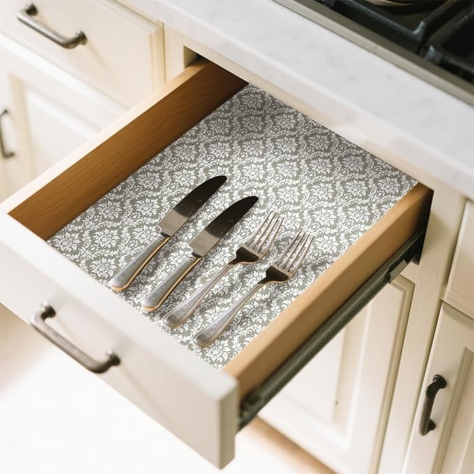 Drawer Liner and Shelf Liner for Kitchen Cabinet Liner Non-Adhesive Non-Slip Shelf Paper, Thick Strong Grip Waterproof Easy to Clean for Shelves, Cupboard, Desks, Baroque Pattern, 17.5 in x 20 FT