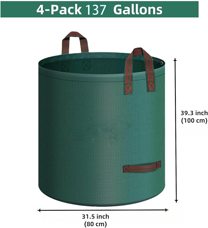 4 Pack 137 Gallons Reusable Yard Waste Bags, Heavy Duty with Double Bottom Layer & 4 Reinforced Handles, Extra Large Leaf Lawn and Garden Waste Bags for Debris, Grass Clipping