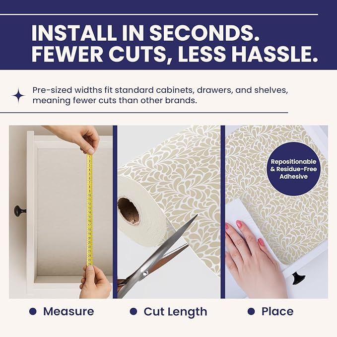Self Adhesive Shelf Liner (2-Pack, 19.5in x 6ft) — Absorbent Felt Cabinet Liner for Shelves & Kitchen Drawers, Soft Glide Surface with Adjustable, Residue-Free Adhesive (Sandstone Petals)