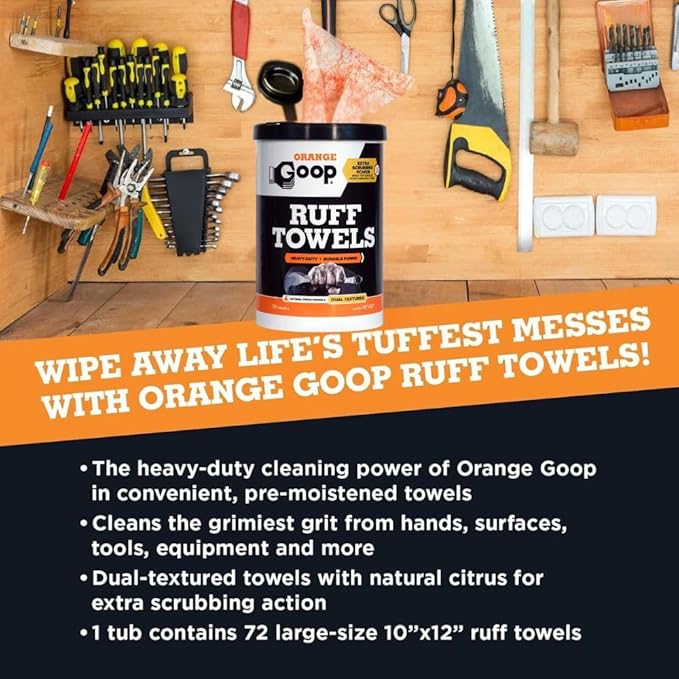 GOOP Heavy Duty Ruff Towels with Scrubbing Power, 10” x 12” Dual Textured Multi-Purpose Cleaning Wipes, Removes Dirt, Grease, Oil - 6 Pack