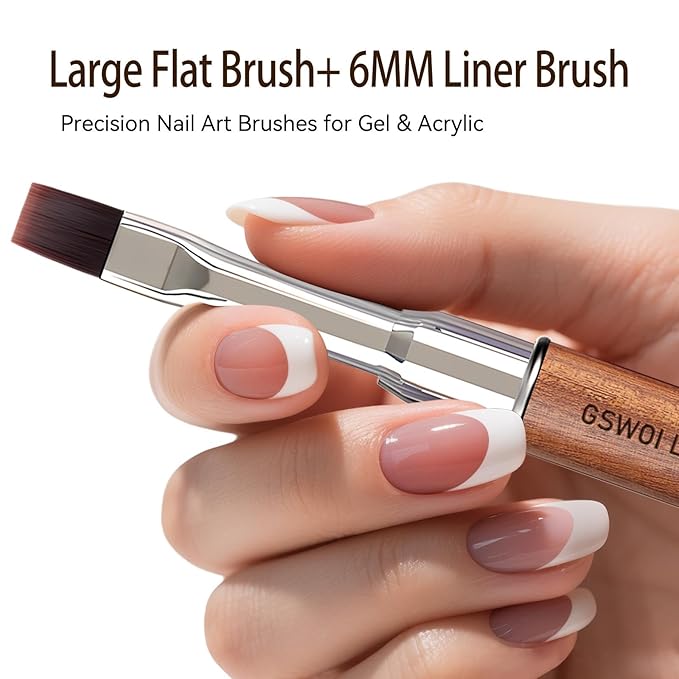 Dual Head Acrylic Nail Brush-Large Flat & 6mm Liner for Builder Gel,Polygel & Design-Wood Handle & Metal Caps