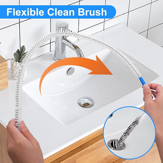 4 Pack Flexible Drain Cleaning Brush, Sink Pipe Cleaners Drain Clog Remover Tool with Nylon Bristles Rust-Resistant Sink Unblocker Tool for Toilet Kitchen Shower Sewer Tub
