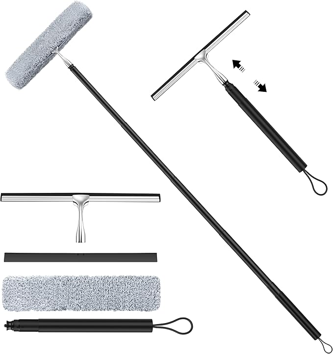 2 in 1 Window Squeegee, Shower Squeegee Window Cleaning Kit with Extension Pole Long Handle Squeegee for Shower Glass Floor Bathroom Home Outdoor, 12 inch Wide, Black