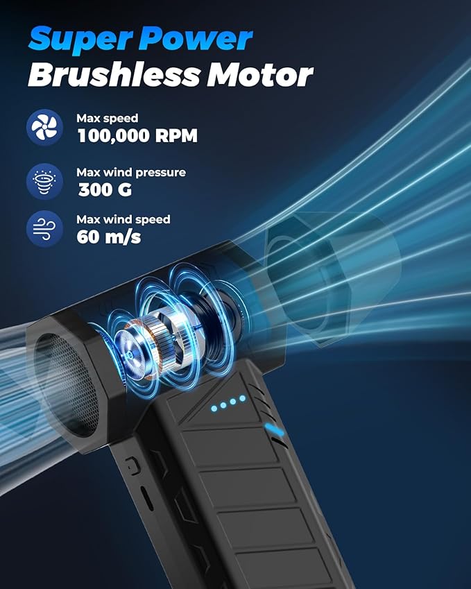 Electric Air Duster, High-Speed Brushless Motor Turbo Blower, 4-Gear Adjustable Cordless Air Blower for Keyboard, Computer, Car, Camera & Home Cleaning (CL02MAX)