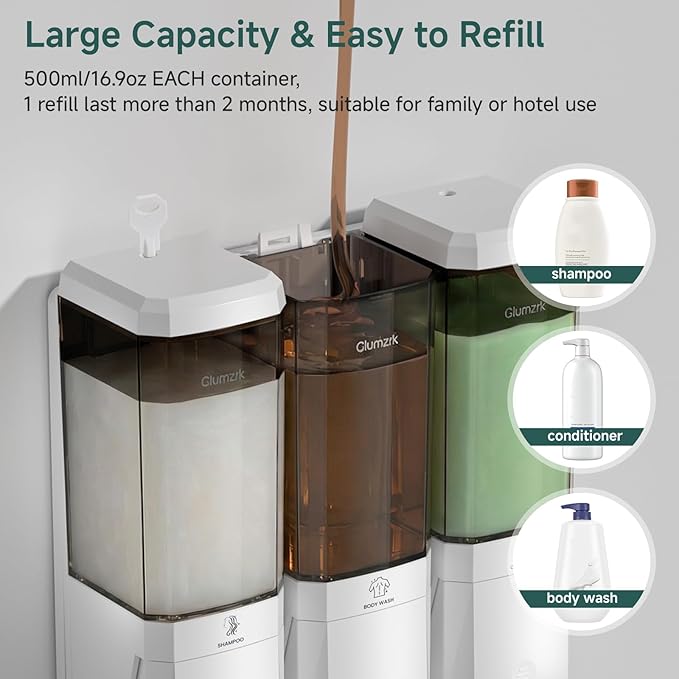 Shampoo and Conditioner Dispenser 3 Chamber No Drill Shower Soap Dispenser Wall Mounted Shampoo Conditioner Body Wash Refillable Bathroom Shower Dispenser (White+Smoke Gray 3 Chamber)