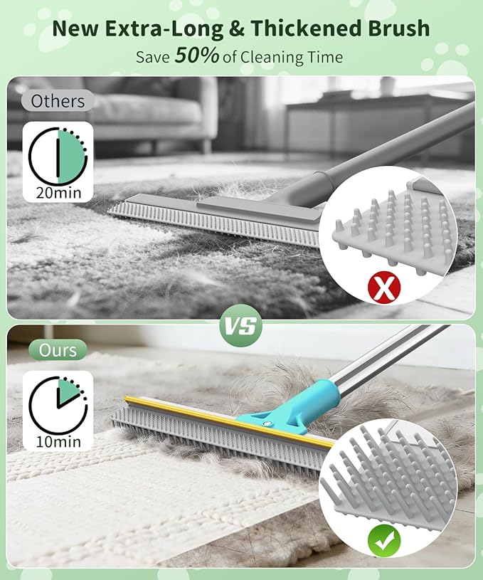 Carpet Rake for Pet Hair Removal, Reusable Carpet Rake, Pet Hair Removal Broom with Extra-Long Thickened Brush, 54" Adjustable Handle, 3 Pcs Pet Hair Removal Tool for Carpet, Sofa & Stairs