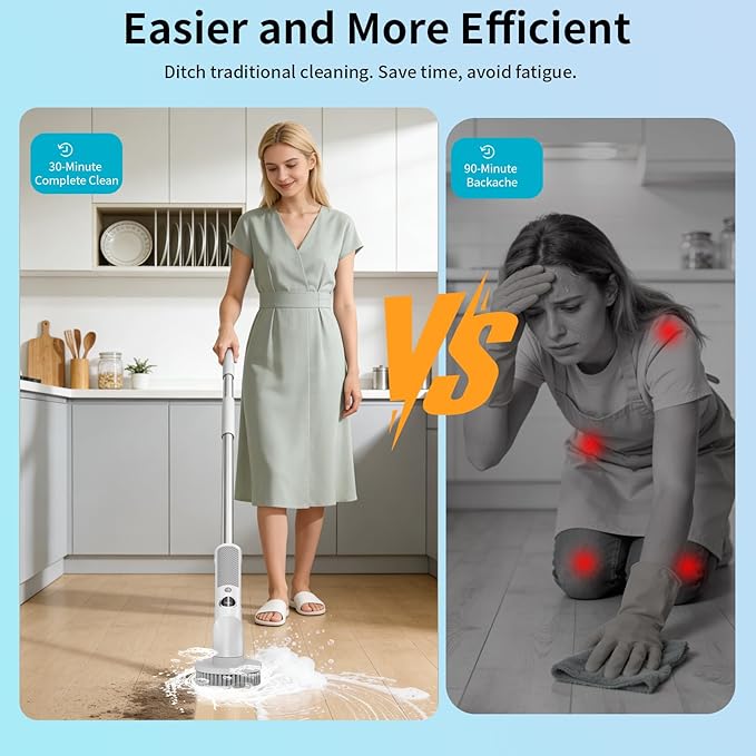 Electric Spin Scrubber, Cordless Cleaning Brush，IPX7 Waterproof Bathroom Scrubber with Adjustable Extension Handle & Battery Level Display for Bathroom Kitchen Car (ECB-S8)
