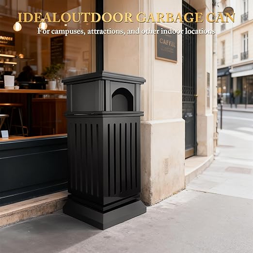 Black Stainless Steel Commercial Trash Can with Locking Lid, Heavy Duty Outdoor/Indoor Waste Container, Perforated Steel Panels, Removable Inner Bucket for Patio, Park, Garden-35.5x15.8x15.8in