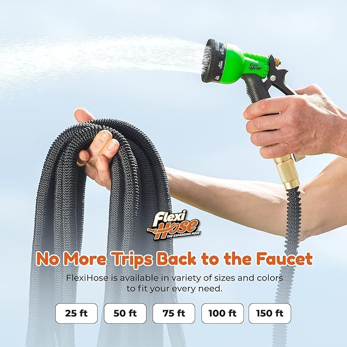 Flexi Hose Expandable Garden Hose with 8 Function Nozzle, 75FT - Lightweight Retractable Garden Hose, Water Hose - No-Kink Flexibility, 3/4 Inch Solid Brass Fittings and Double Latex Core