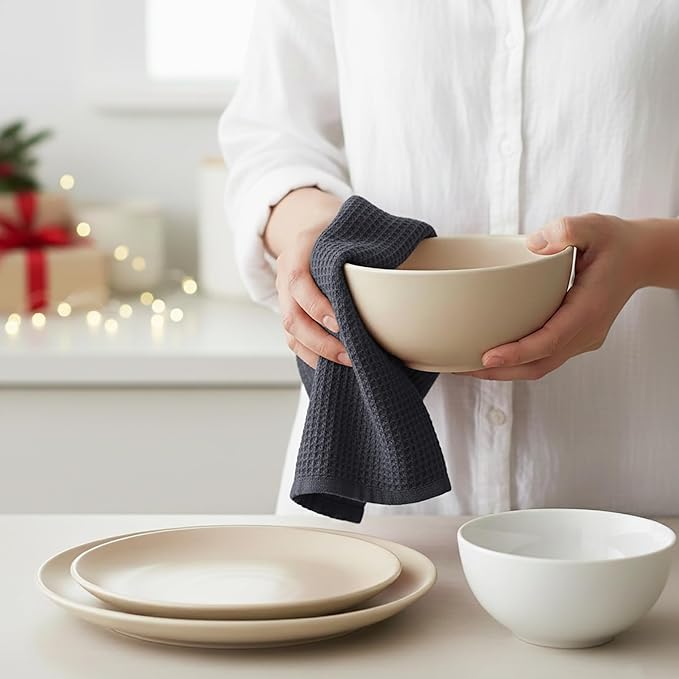 PurpleEssences Waffle Weave Kitchen Towel, 100% Cotton 15x25 Inches, with Hanging Loop Soft Absorbent Quick Drying Dish Cloth, Tea and Hand Towels, 6 Pack - Christmas Holiday Winter - Dark Grey
