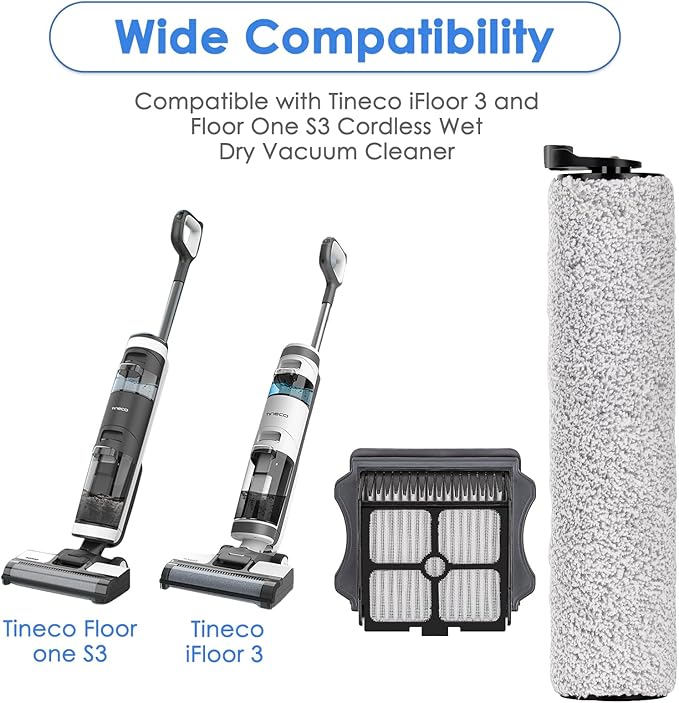 (5 Pieces) Replacement Brush Rollers and HEPA Filters Compatible with Tineco Floor One S3/ iFloor 3 Cordless Wet Dry Vacuum Cleaner, Replacement Parts Accessories Kit, 2 Main Brushes, 3 HEPA Filters