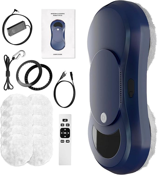 Dark Blue Automatic Window Cleaner Robot W250, 11.6 x 5.7 x 2.7 Inch with 30 ml Automatic Water Spray and 10 Cloth Pads. Window Vacuum Cleaner for Windows. Automatic Glass Cleaner Vacuum