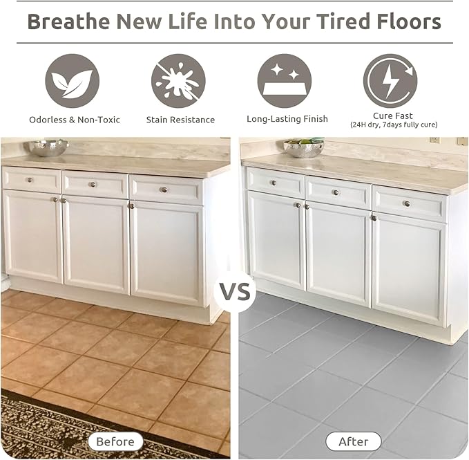 All-In-One Interior Floor Coating Kit, Water-based & Low Odor One-Step Floor Paint, High Hardness Waterproof Paint for Ceramic, Porcelain, Fiberglass, Hardwood, Laminate, Vinyl, 35OZ, Iron Ore
