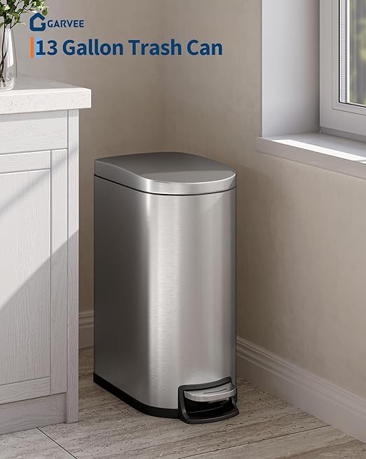 Garvee 13 gal / 50 L Stainless Steel Kitchen Trash Can with Lid, Slim Rustproof Garbage Can, Large Step-on Metal Trash Bin with Inner Bucket, Rear Handle, Soft Close Lid, Silver
