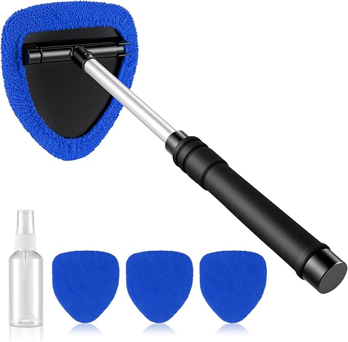 JUSTTOP Windshield Cleaner Tool, Car Interior&Exterior Window Cleaning Tool with Extendable Handle & 4 Reusable Microfiber Pads, Auto Glass Wiper Brush Kit for Cars (Blue)