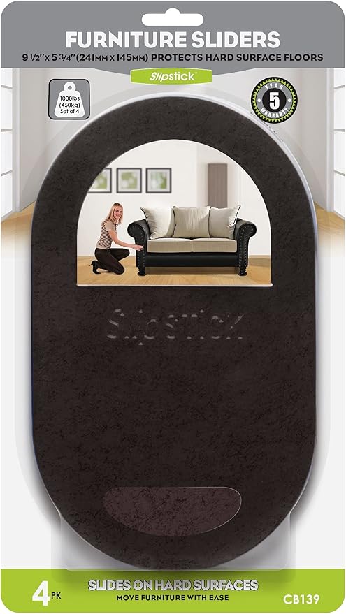 Slipstick 9-1/2” x 5-3/4” Oval Heavy Furniture Movers for Hardwood Floors (4 Pack) Premium Reusable Felt Furniture Sliders for Moving Heavy Appliances & Furniture on Hard Surfaces, CB139