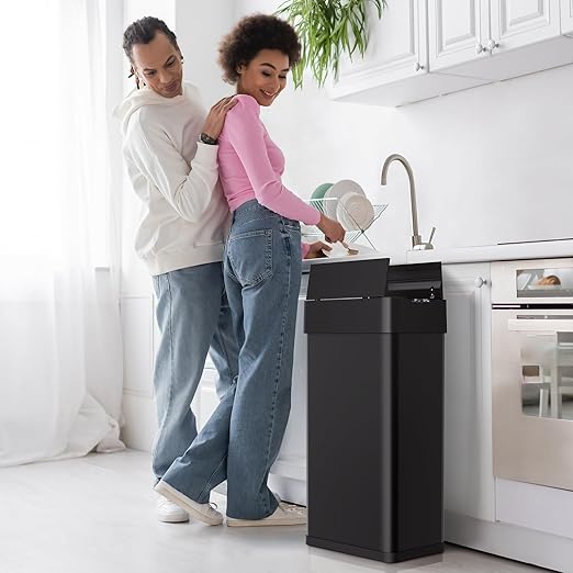 Arlopu 18.5 Gal Automatic Trash Can, 70 Stainless Steel Motion Sensor Garbage Bin, Touchless Brushed Wastebasket, W/Butterfly, Soft-Close Lid, for Living, Dinning Room, Kitchen ((Black)