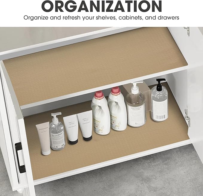 Drawer and Shelf Liner, Non-Slip Kitchen Cabinet Liners Non-Adhesive Thick Strong Grip Waterproof Washable Mats Protect Dresser Shelves Cupboard Bathroom Cabinets, Beige, 12 in X 10 FT