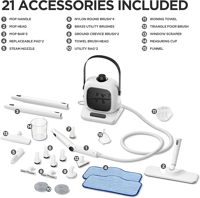 All-in-1 Steam Cleaner with 25 PSI High-Pressure Boiler, 21-Piece Accessory Kit, Portable Handheld & Floor Steamer for Tiles, Grout, Furniture and Car, Chemical-Free Deep Cleaning,3 Colors Selection