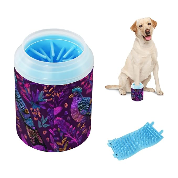 Dog Paw Cleaner Cups for Dogs Pet Foot Washer Paw Scrubber for Medium Small Large Dogs Cats Cleaning Cup Purple Birds Butterflies Colorful Plants